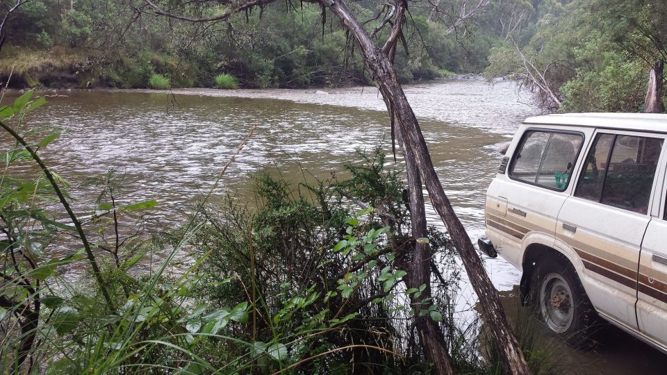 Land Cruiser HJ60 junto a un río entre árboles